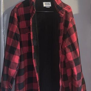 Black and red plaid flannel jacket.